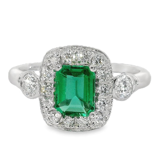 Anillo Esmeralda y Diamantes - Oro Blanco 18kt