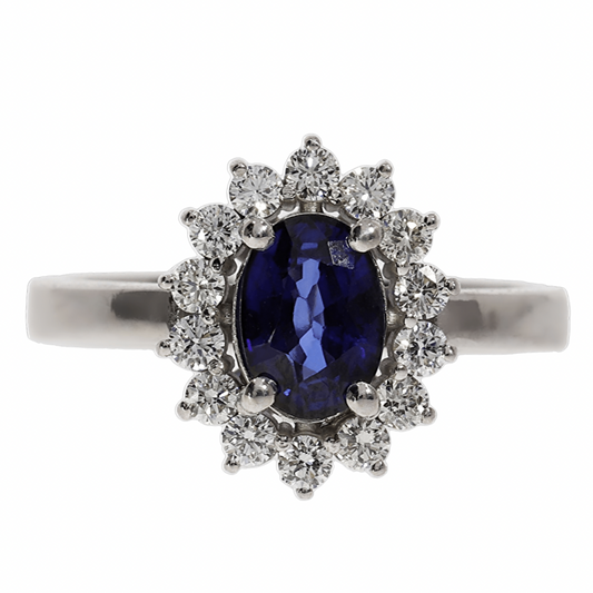 Anillo Zafiro y Diamantes - Oro Blanco 18kt