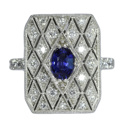 Anillo Zafiro y Diamantes - Oro Blanco 18kt