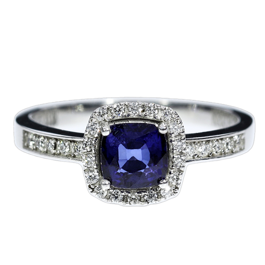 Anillo Zafiro y Diamantes - Oro Blanco 18kt