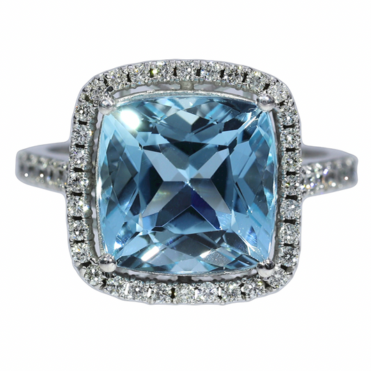 Anillo Aguamarina y Diamantes - Oro Blanco 18kt