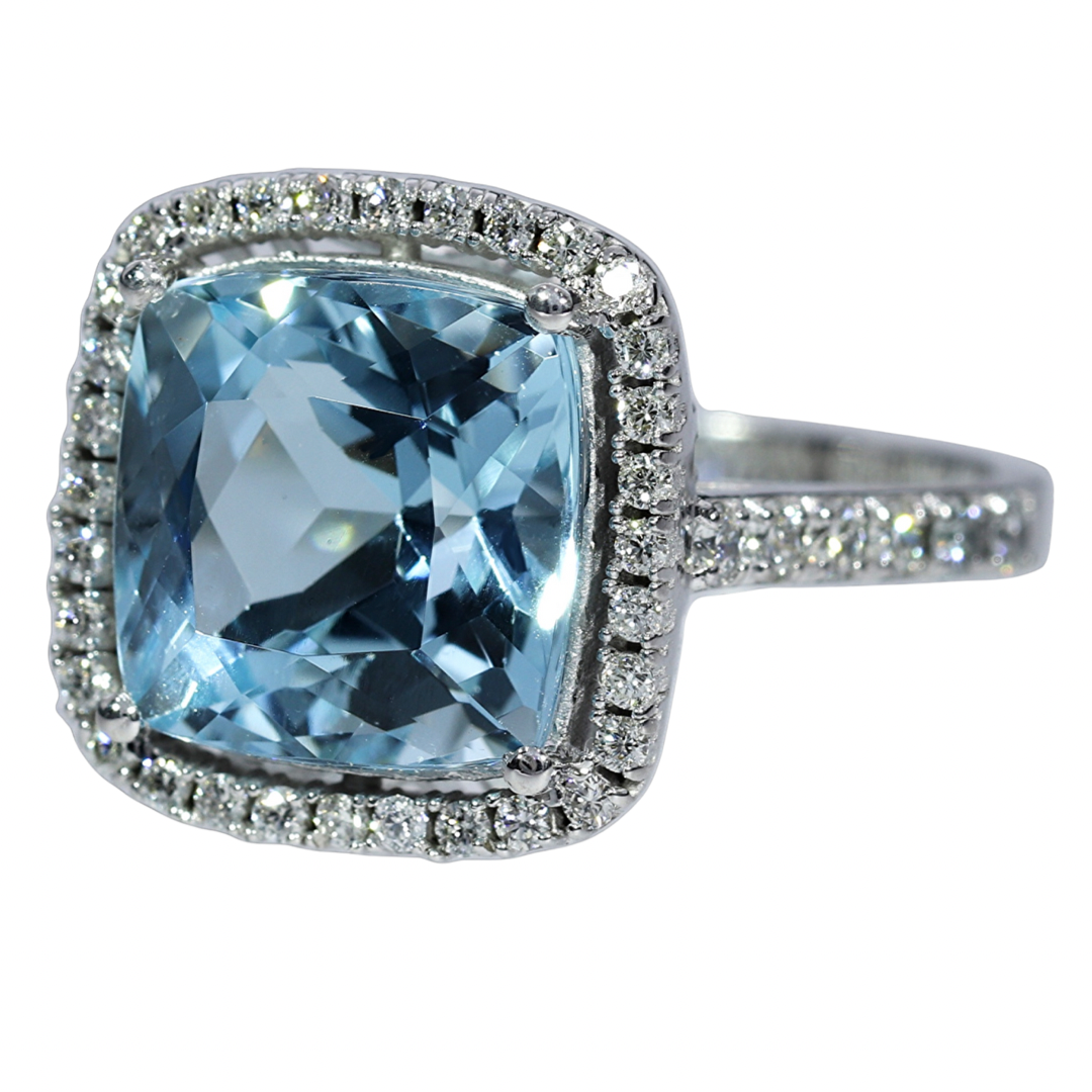 Anillo Aguamarina y Diamantes - Oro Blanco 18kt