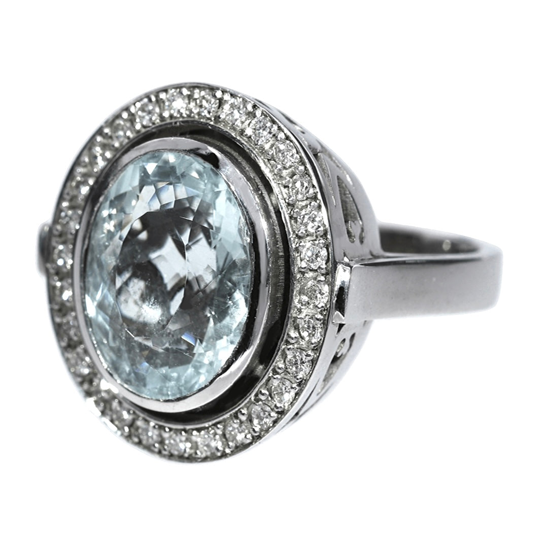 Anillo Aguamarina y Diamantes - Oro Blanco 18kt