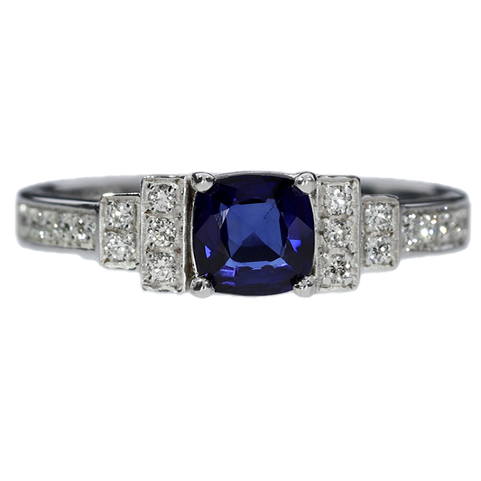 Anillo Zafiro y Diamantres - Oro Blanco 18kt