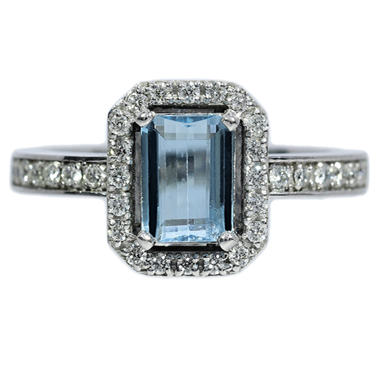 Anillo Aguamarina y Diamantes - Oro Blanco 18kt