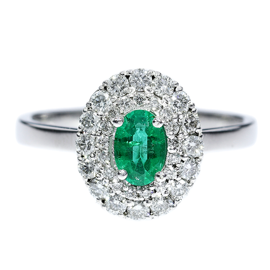 Anillo Esmeralda y Diamantes - Oro Blanco 18kt